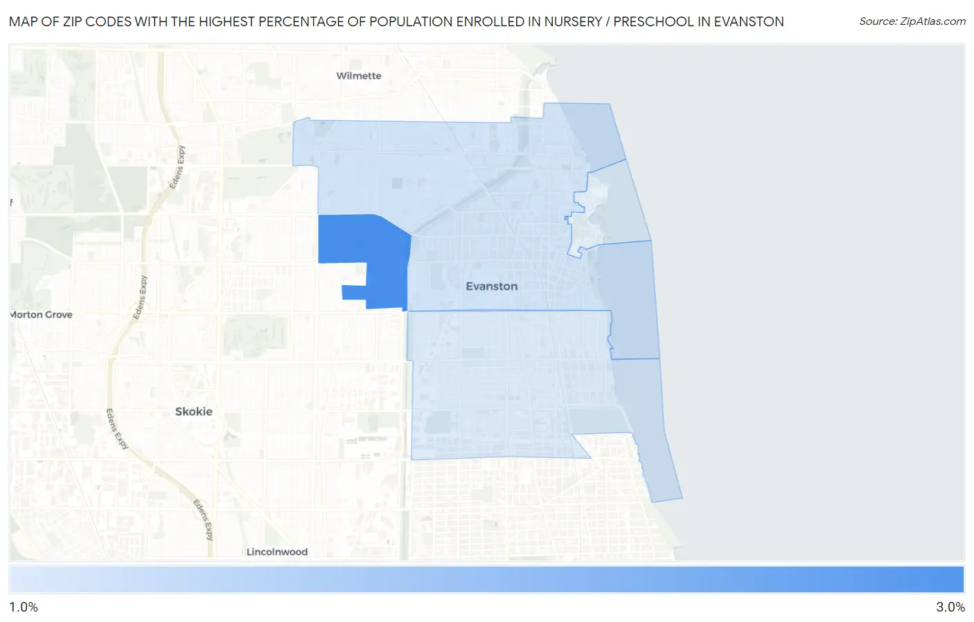 Zip Codes with the Highest Percentage of Population Enrolled in Nursery / Preschool in Evanston Map