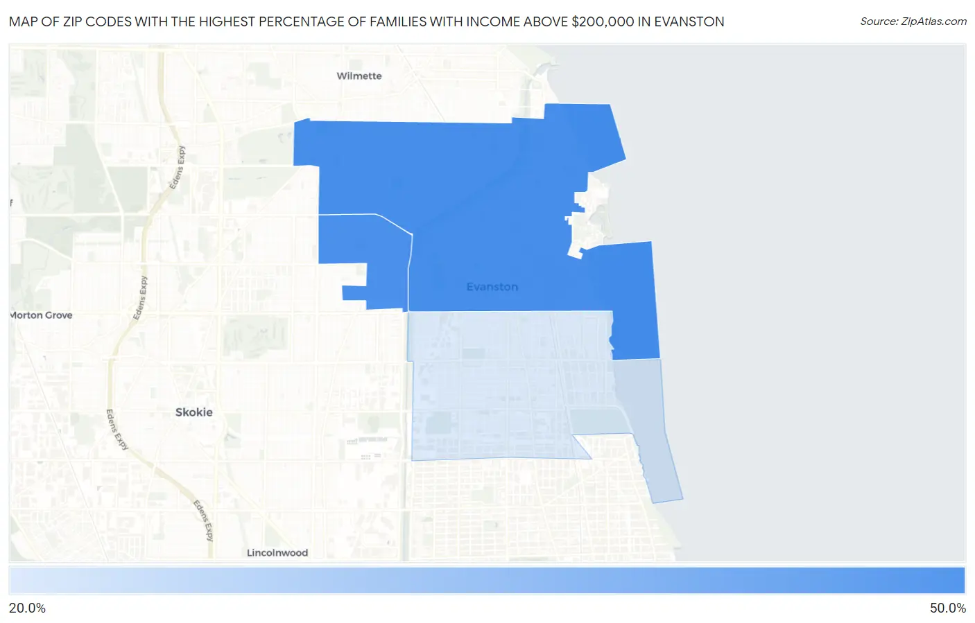 Zip Codes with the Highest Percentage of Families with Income Above $200,000 in Evanston Map