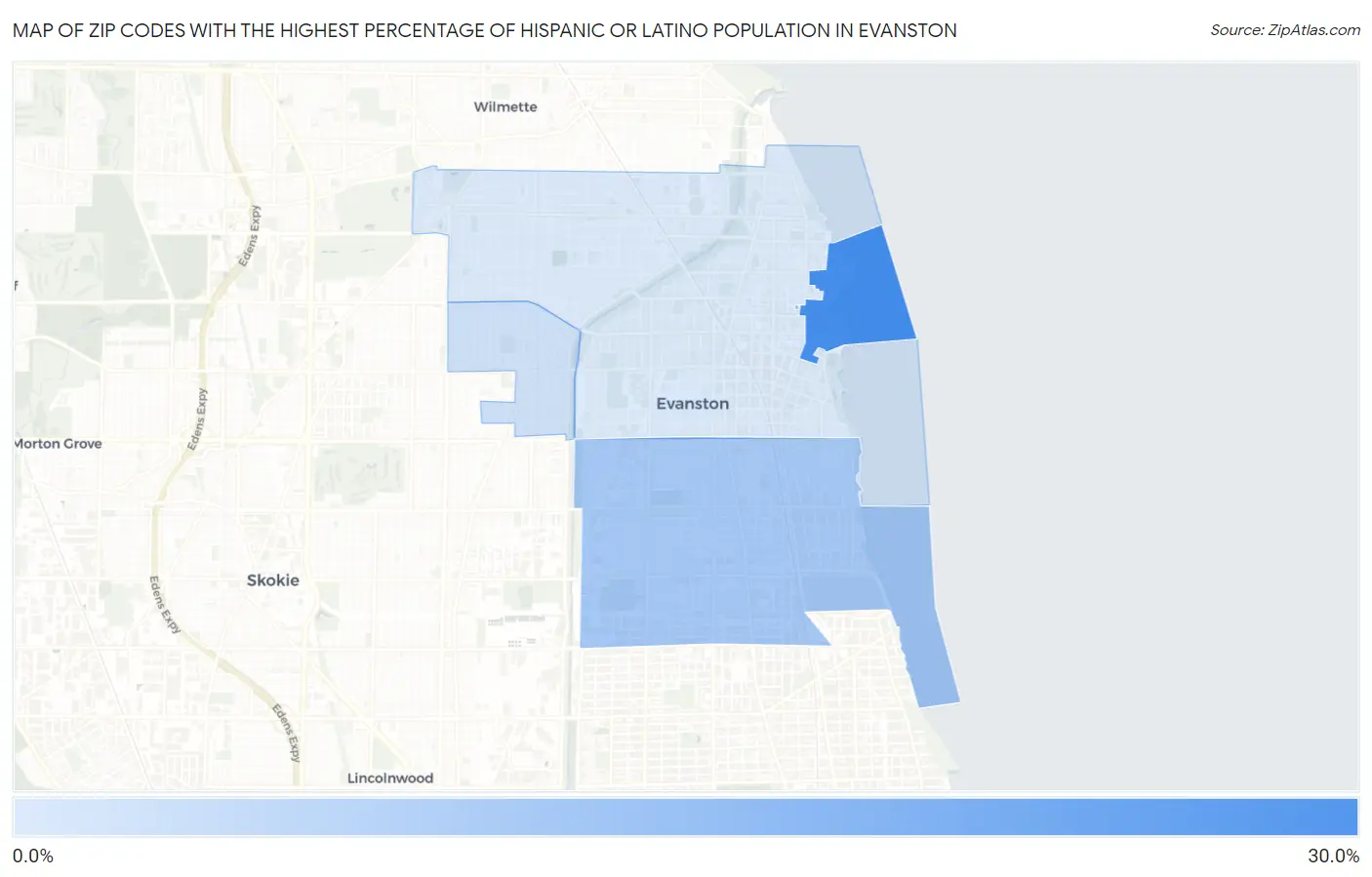 Zip Codes with the Highest Percentage of Hispanic or Latino Population in Evanston Map