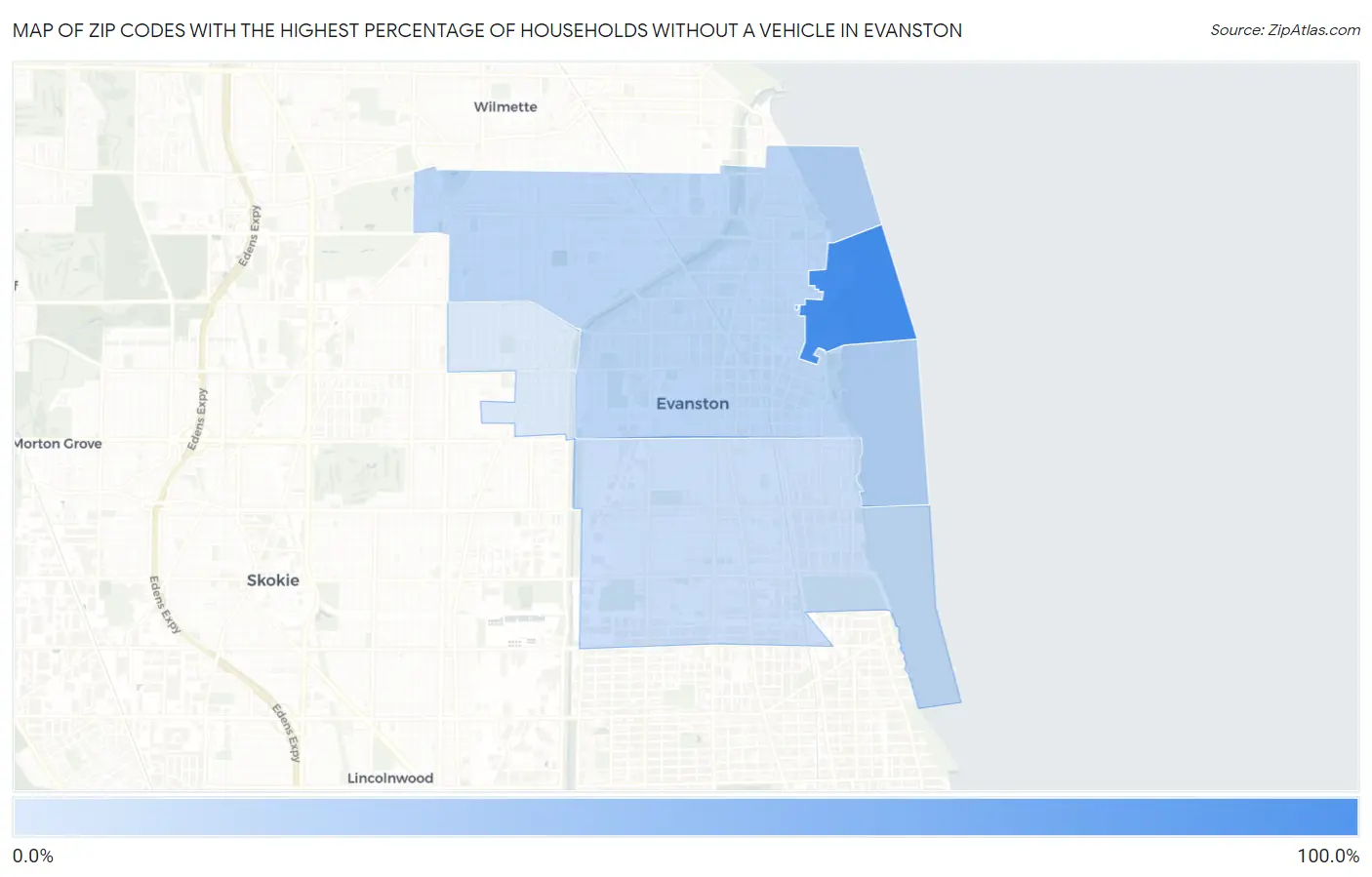 Zip Codes with the Highest Percentage of Households Without a Vehicle in Evanston Map