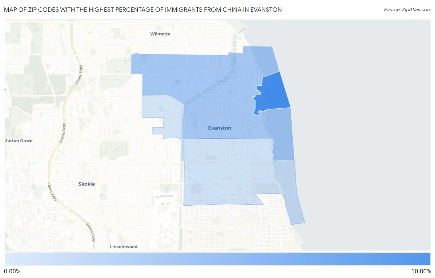 Zip Codes with the Highest Percentage of Immigrants from China in Evanston Map