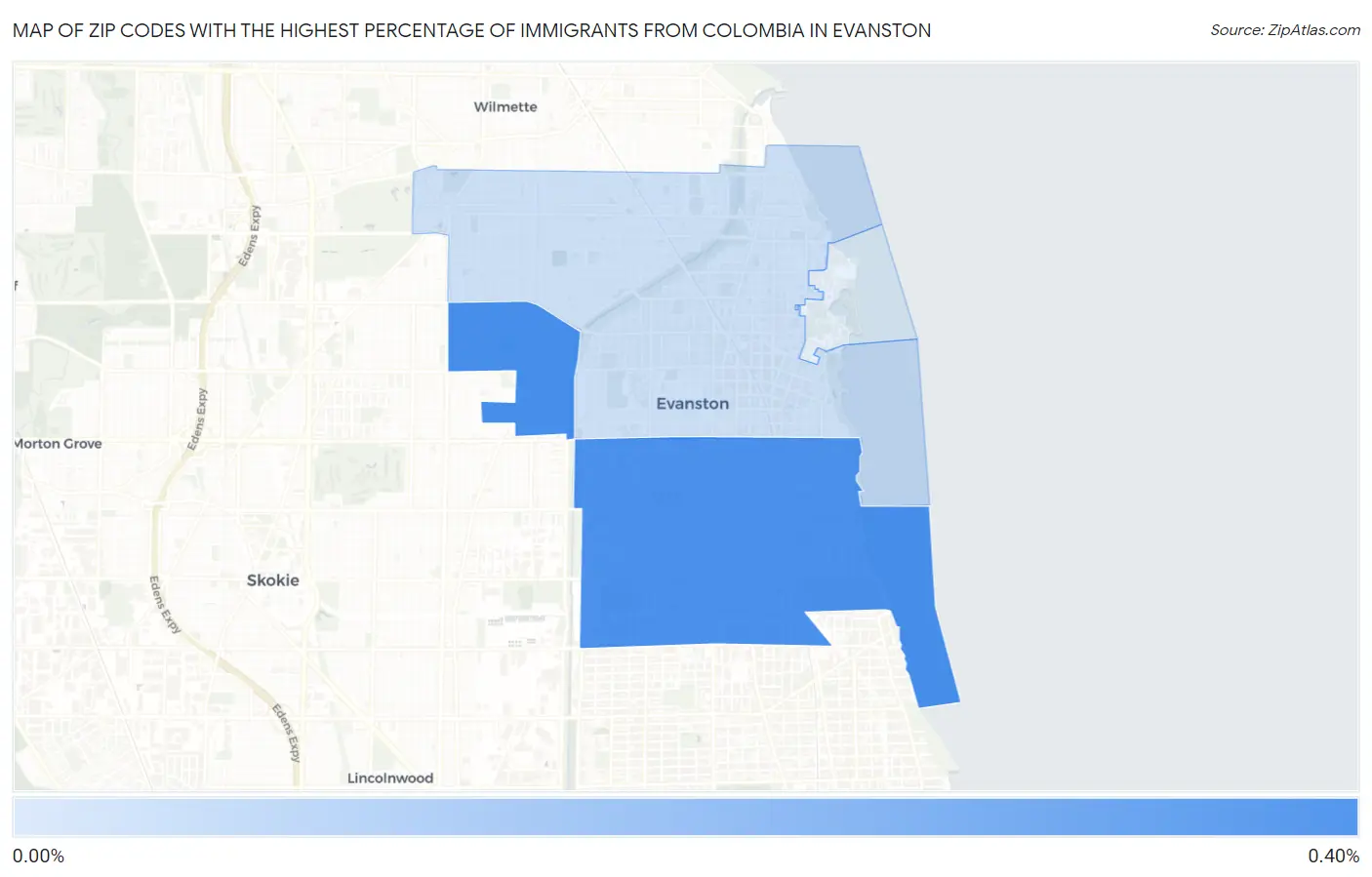 Zip Codes with the Highest Percentage of Immigrants from Colombia in Evanston Map