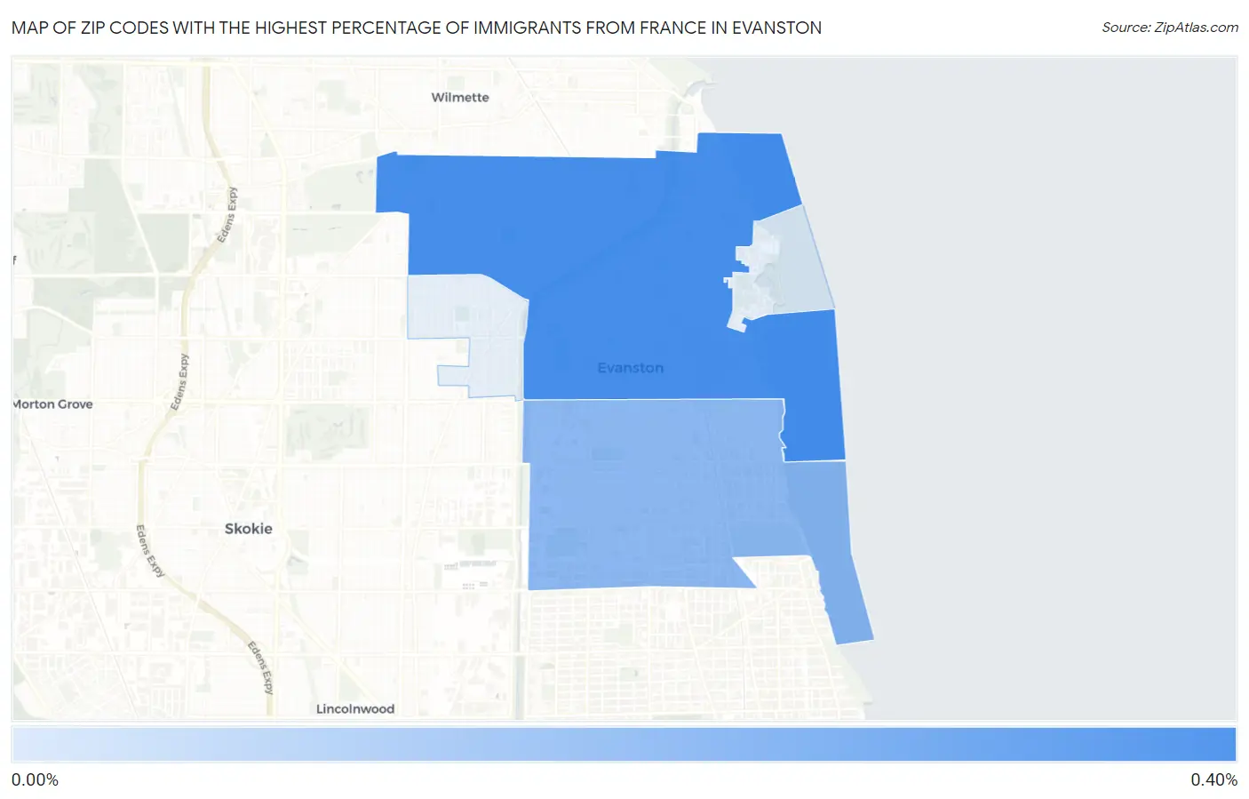 Zip Codes with the Highest Percentage of Immigrants from France in Evanston Map