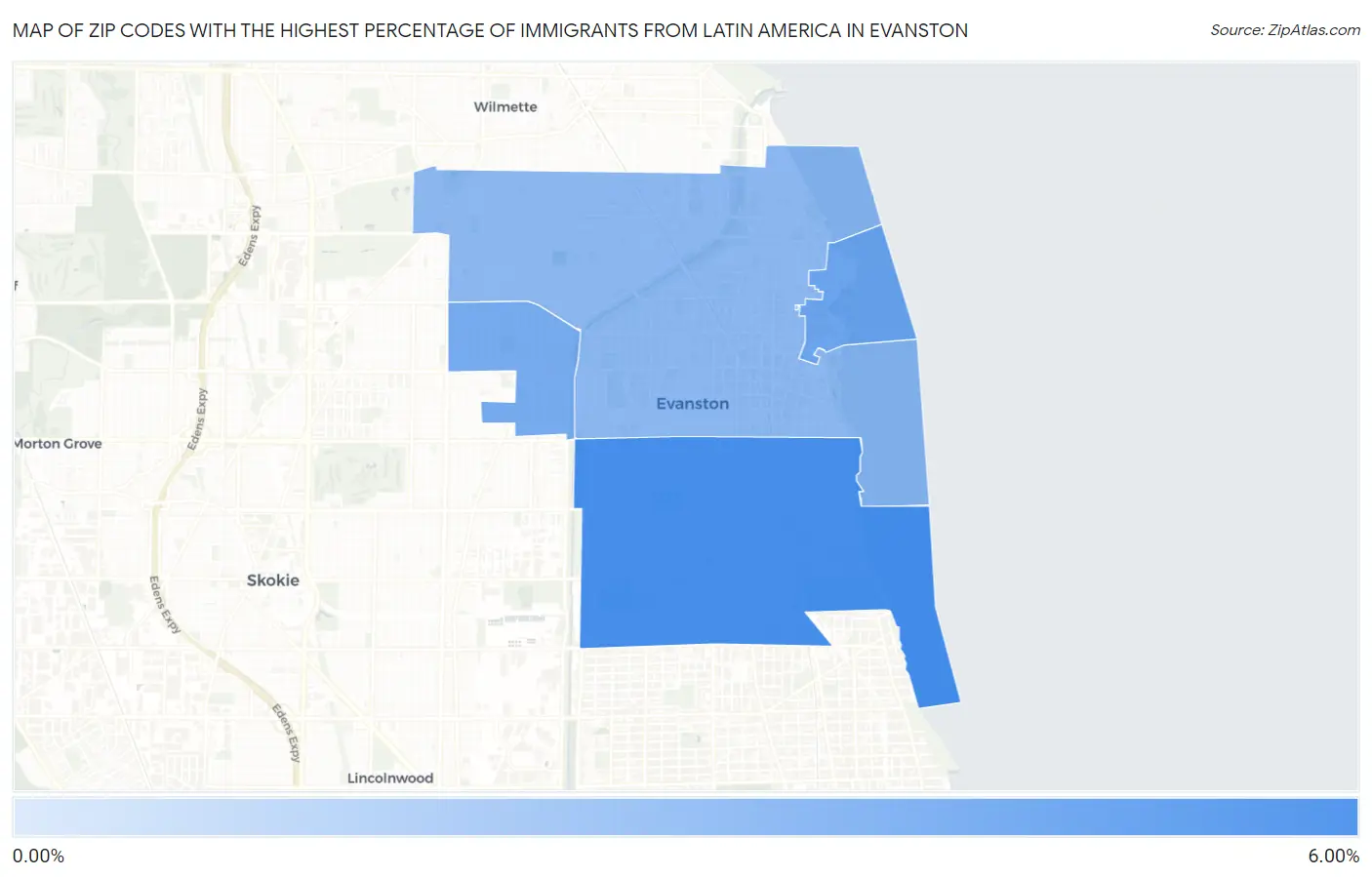 Zip Codes with the Highest Percentage of Immigrants from Latin America in Evanston Map