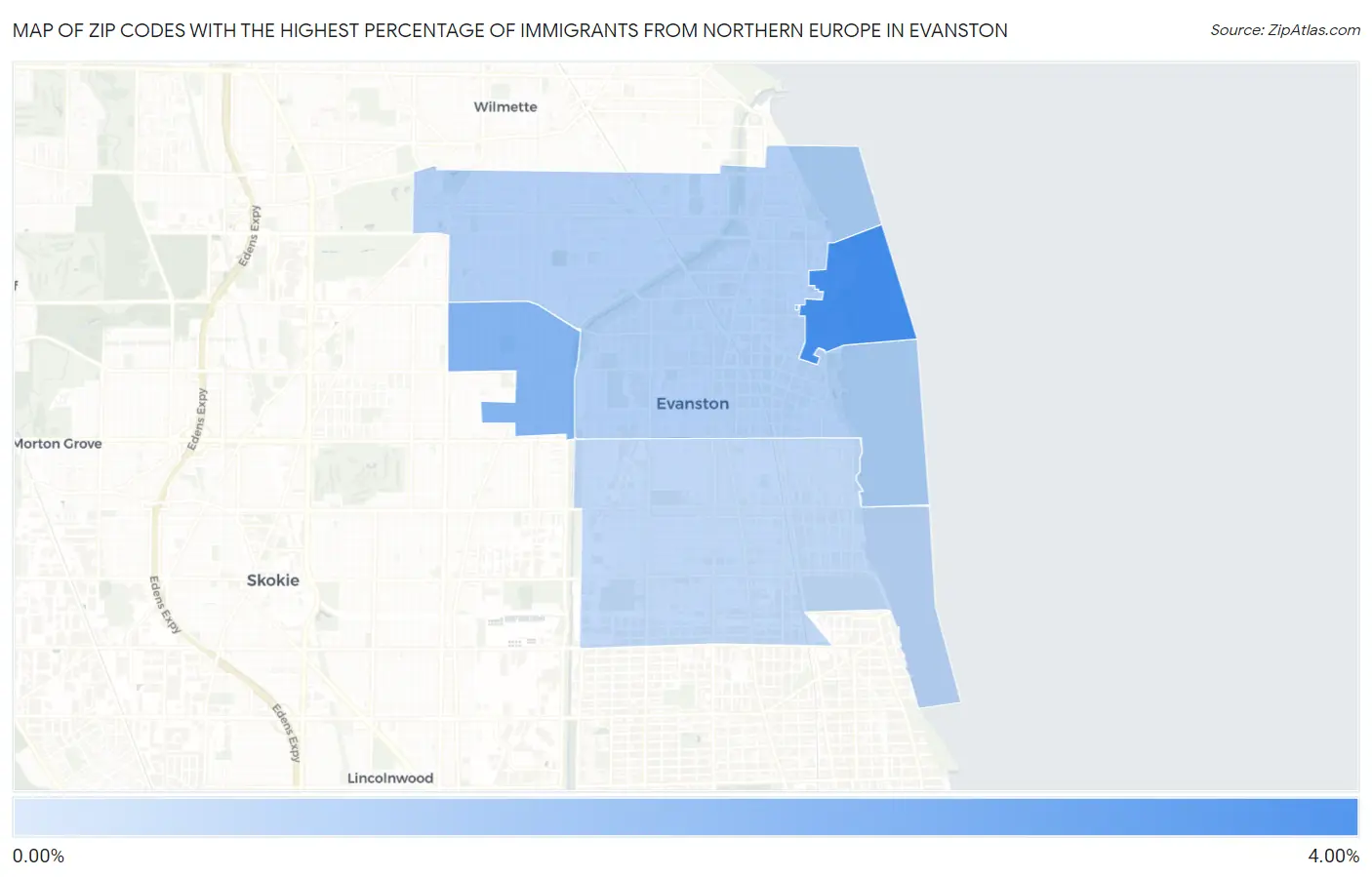 Zip Codes with the Highest Percentage of Immigrants from Northern Europe in Evanston Map