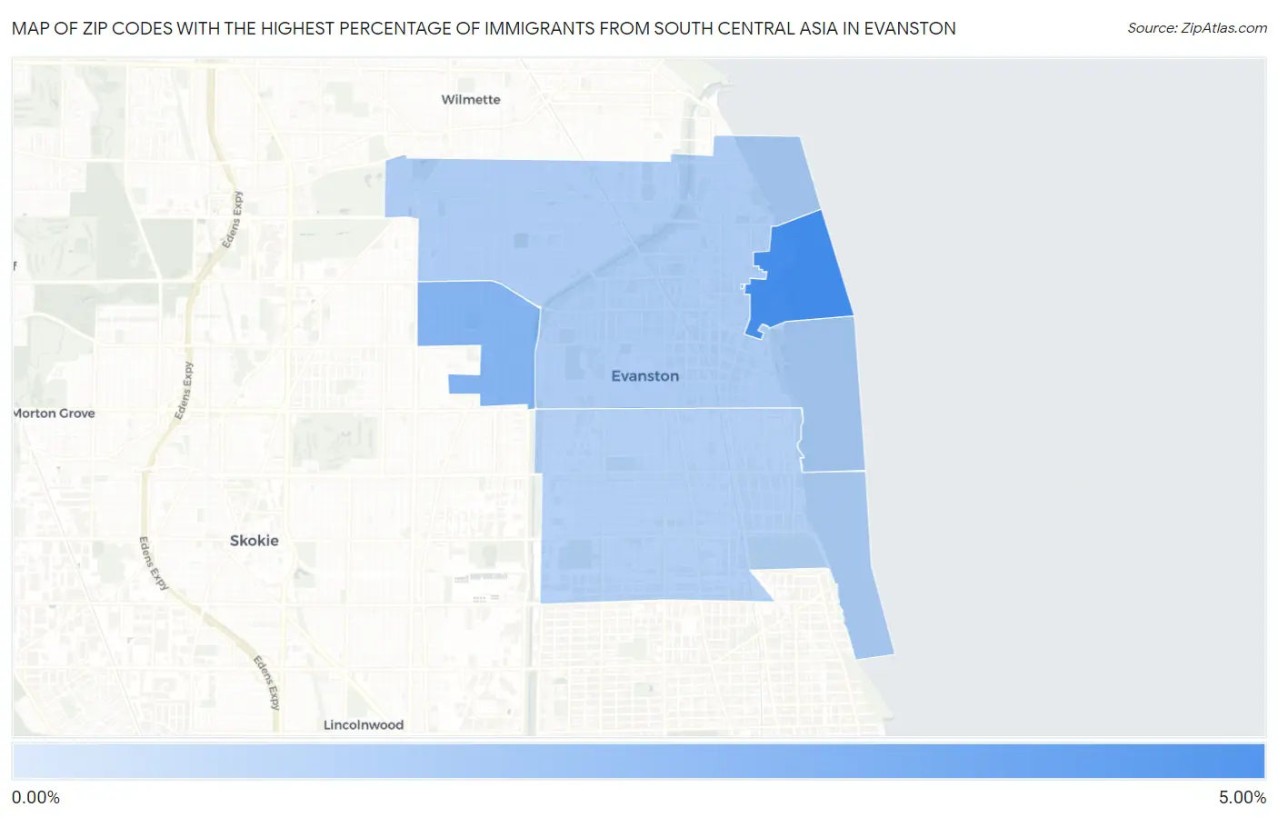 Zip Codes with the Highest Percentage of Immigrants from South Central Asia in Evanston Map