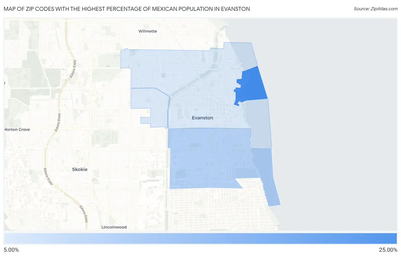 Zip Codes with the Highest Percentage of Mexican Population in Evanston Map