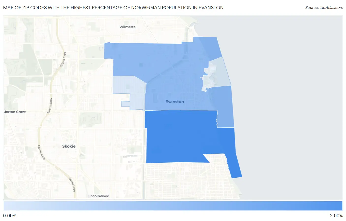 Zip Codes with the Highest Percentage of Norwegian Population in Evanston Map