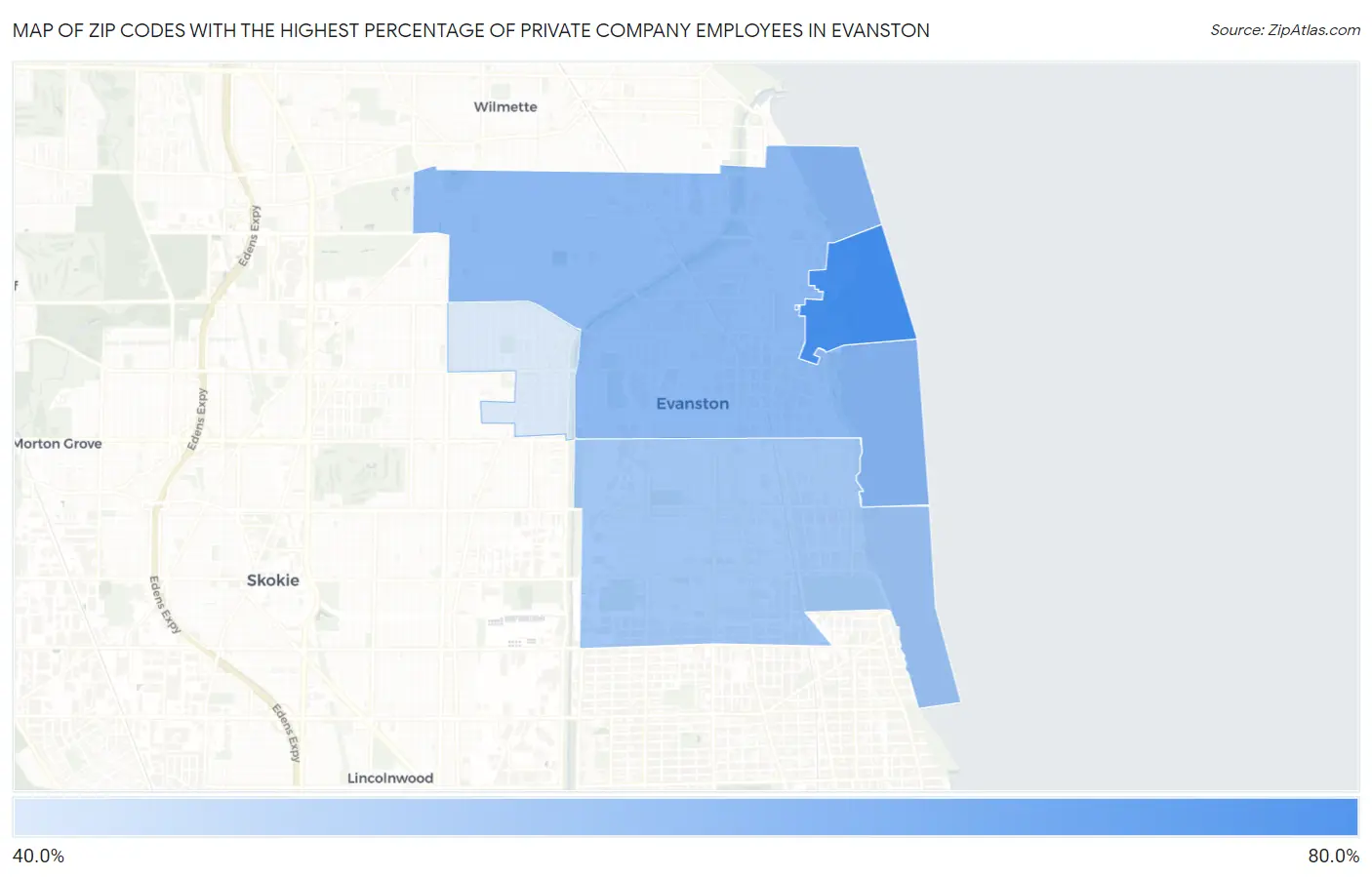 Zip Codes with the Highest Percentage of Private Company Employees in Evanston Map