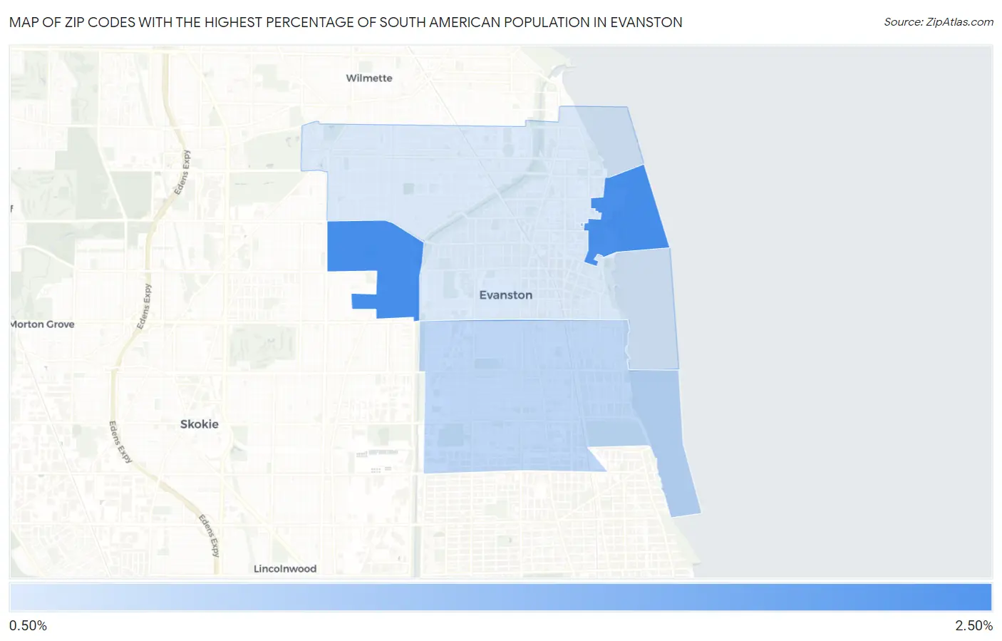 Zip Codes with the Highest Percentage of South American Population in Evanston Map