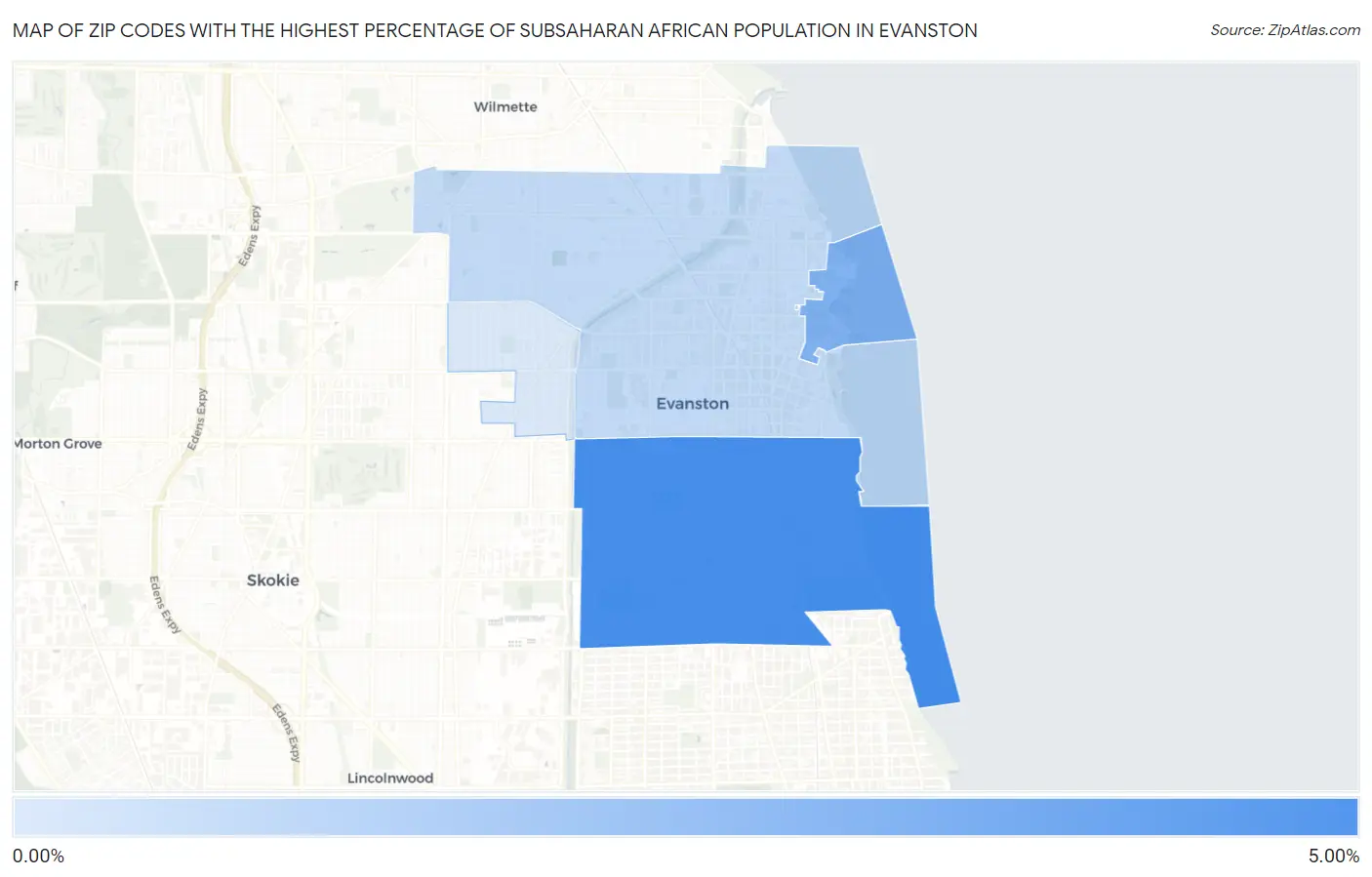 Zip Codes with the Highest Percentage of Subsaharan African Population in Evanston Map