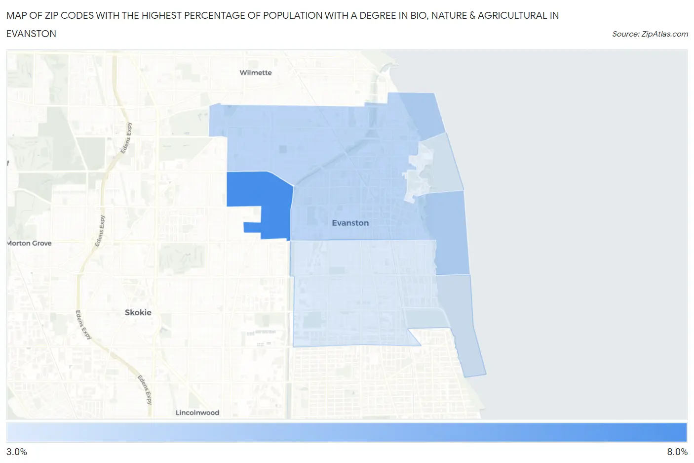 Zip Codes with the Highest Percentage of Population with a Degree in Bio, Nature & Agricultural in Evanston Map