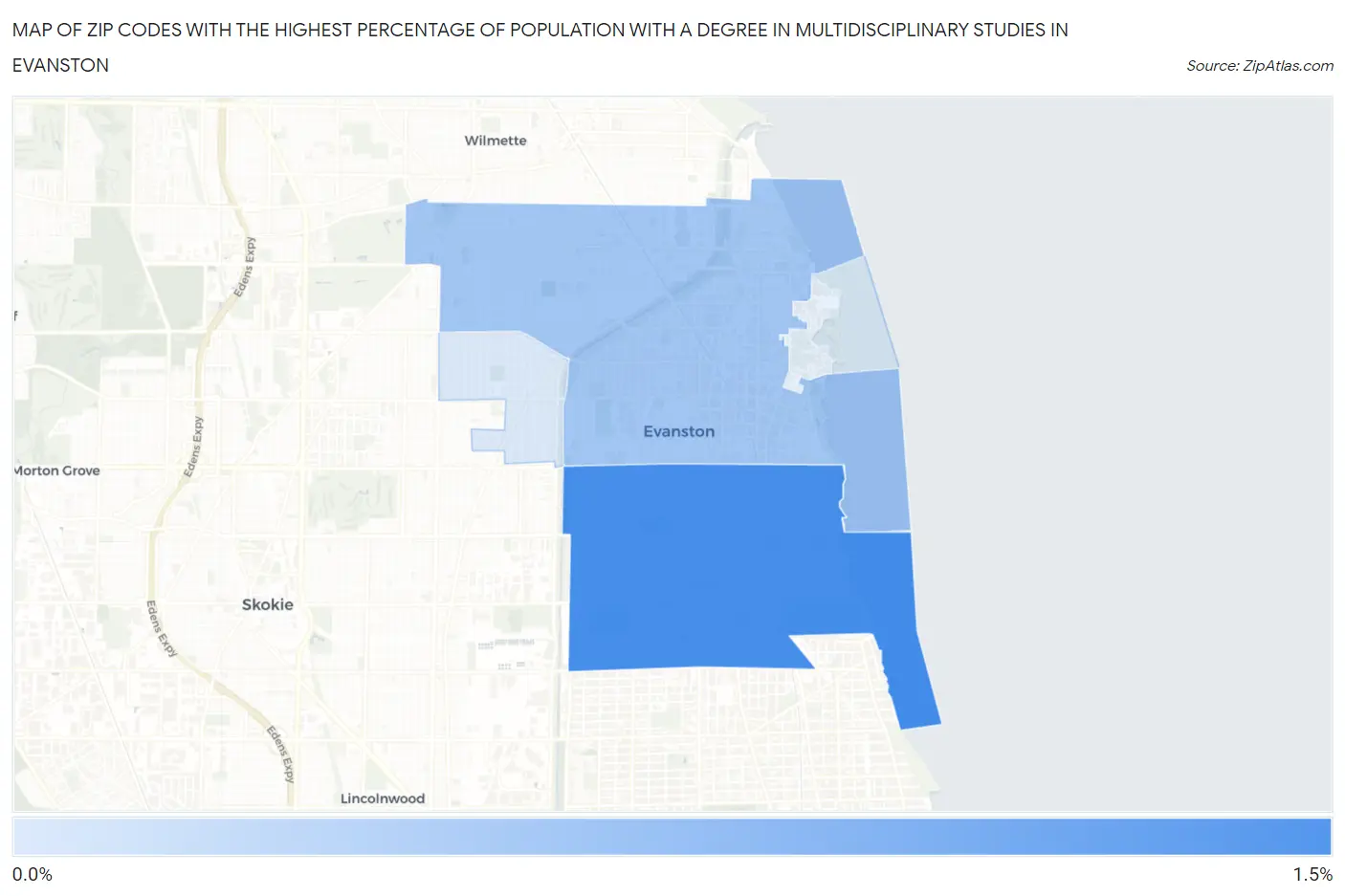 Zip Codes with the Highest Percentage of Population with a Degree in Multidisciplinary Studies in Evanston Map