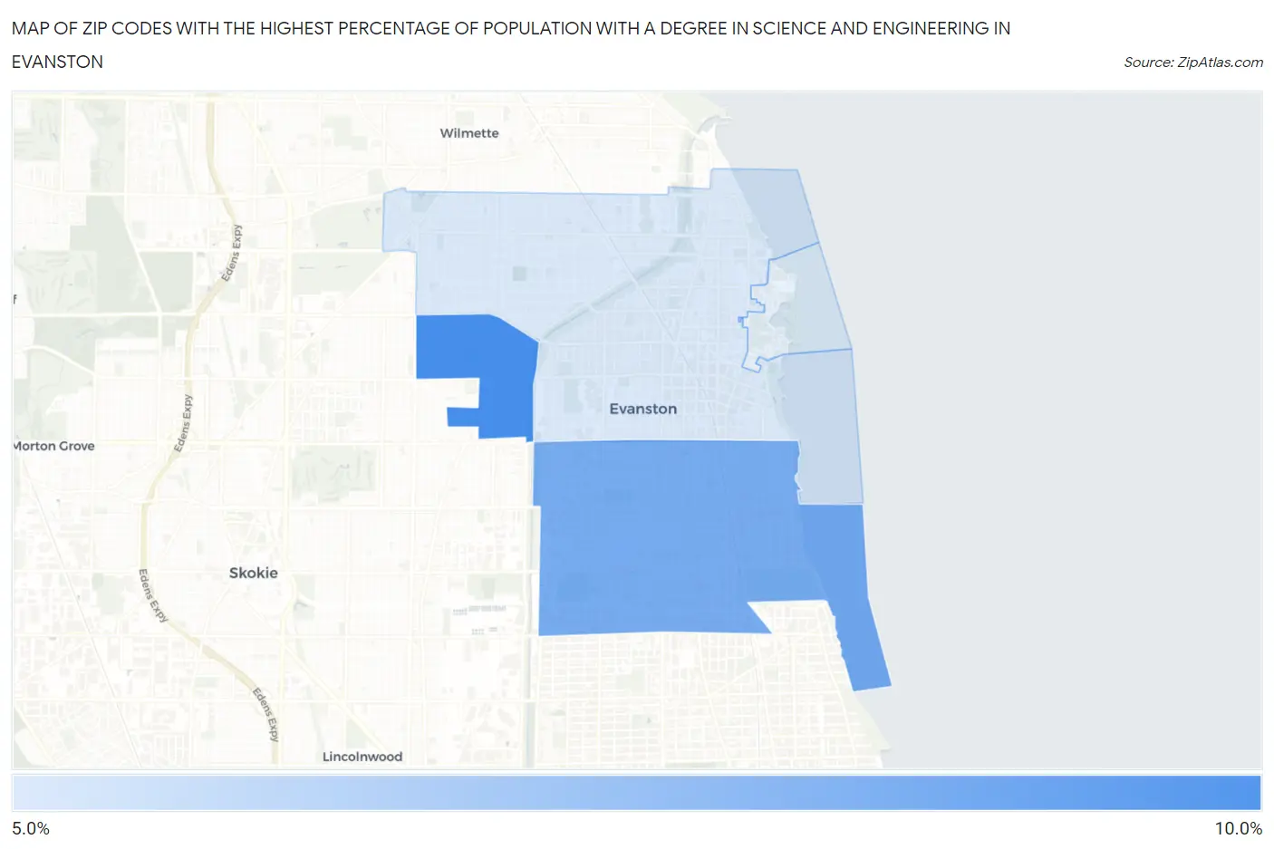 Zip Codes with the Highest Percentage of Population with a Degree in Science and Engineering in Evanston Map