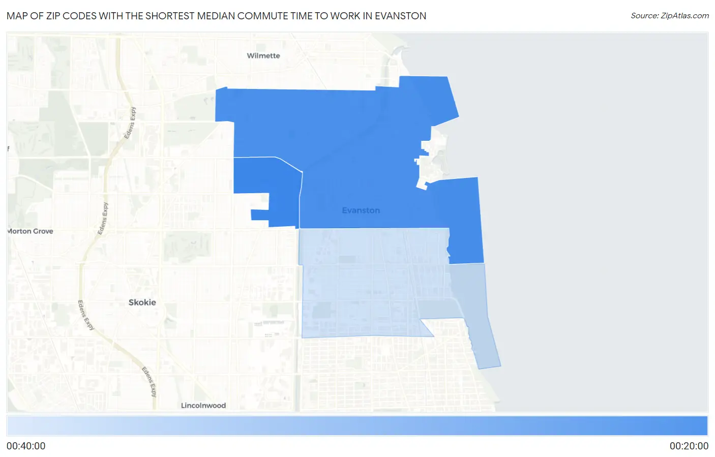 Zip Codes with the Shortest Median Commute Time to Work in Evanston Map