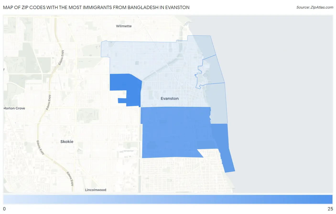 Zip Codes with the Most Immigrants from Bangladesh in Evanston Map