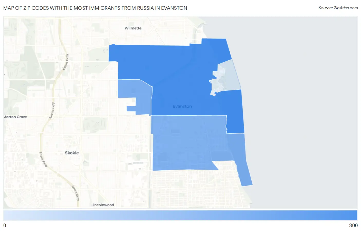 Zip Codes with the Most Immigrants from Russia in Evanston Map