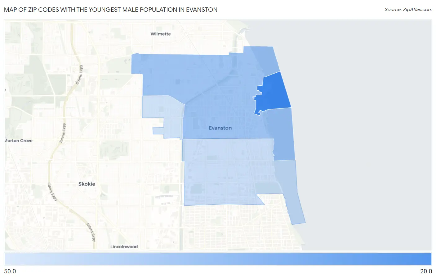 Zip Codes with the Youngest Male Population in Evanston Map