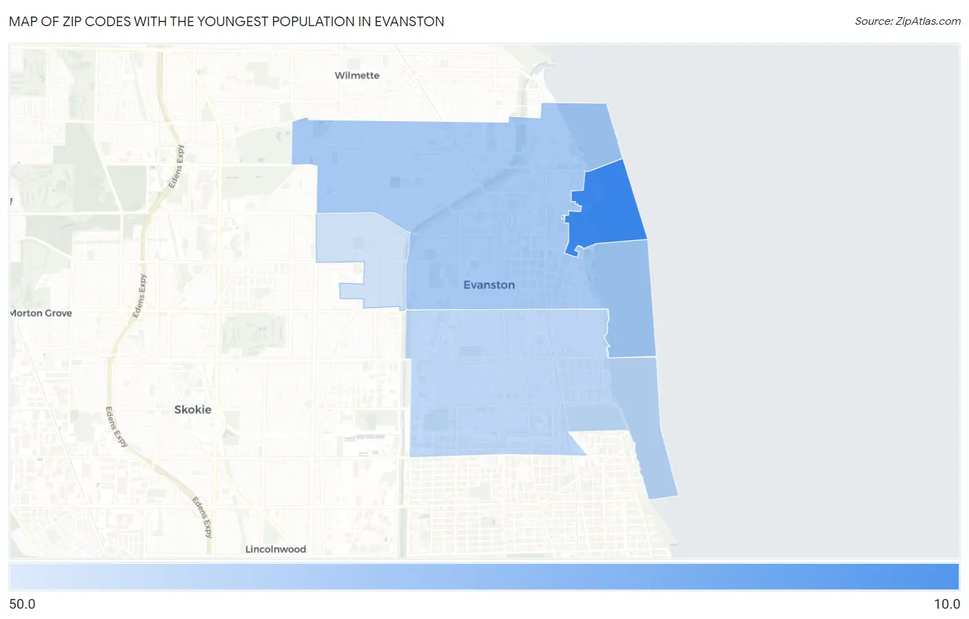 Zip Codes with the Youngest Population in Evanston Map