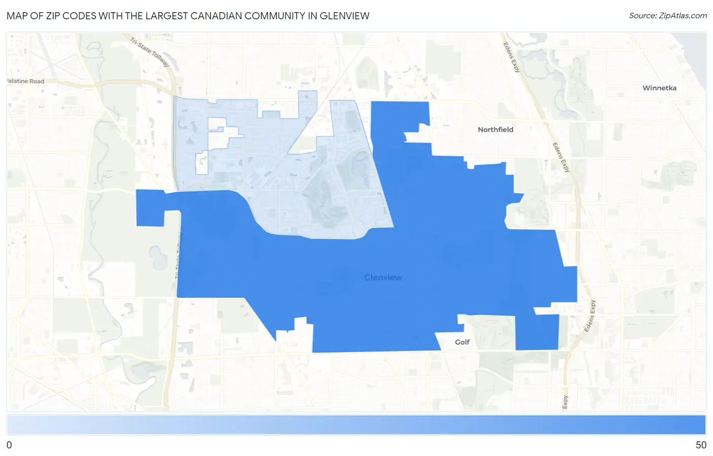 Zip Codes with the Largest Canadian Community in Glenview Map