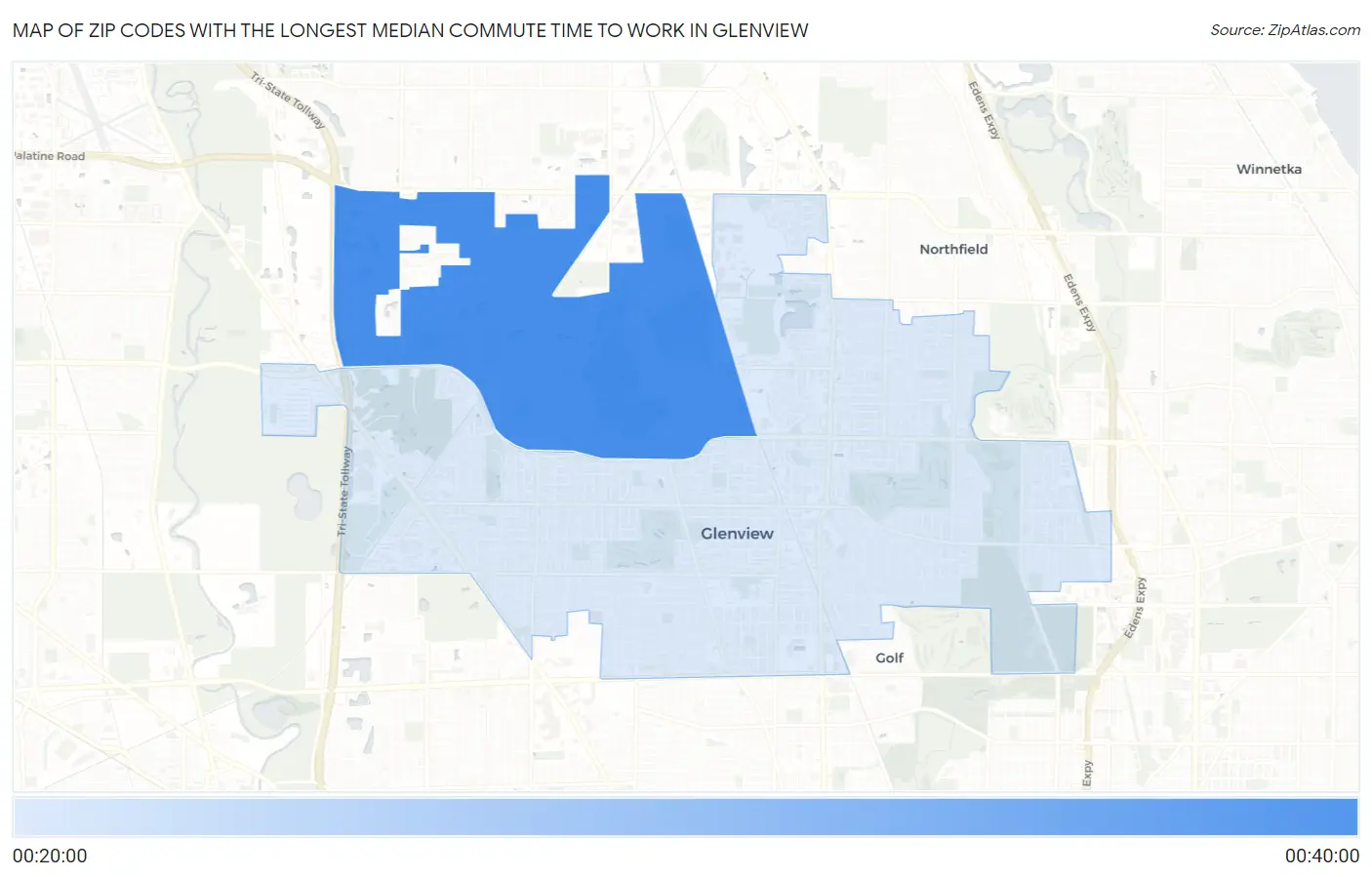 Zip Codes with the Longest Median Commute Time to Work in Glenview Map