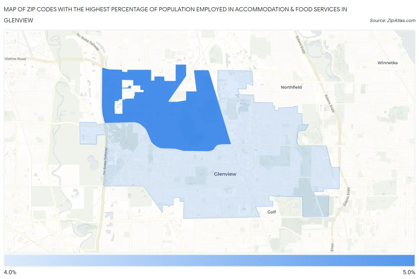 Zip Codes with the Highest Percentage of Population Employed in Accommodation & Food Services in Glenview Map