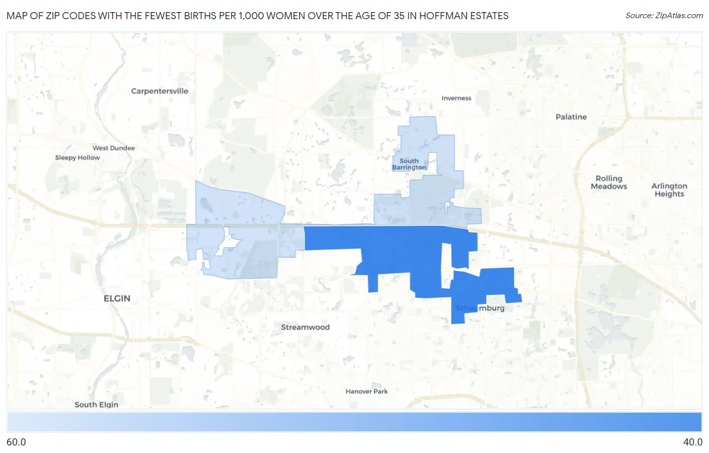 Zip Codes with the Fewest Births per 1,000 Women Over the Age of 35 in Hoffman Estates Map