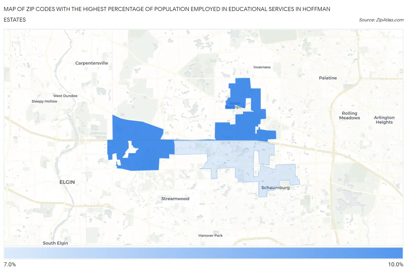 Zip Codes with the Highest Percentage of Population Employed in Educational Services in Hoffman Estates Map