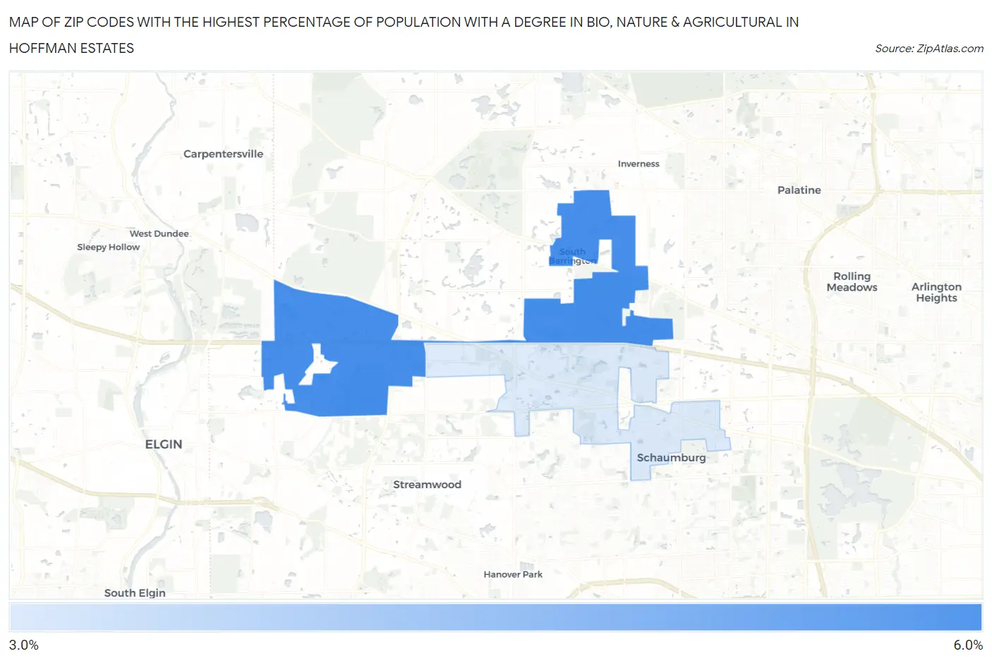 Zip Codes with the Highest Percentage of Population with a Degree in Bio, Nature & Agricultural in Hoffman Estates Map