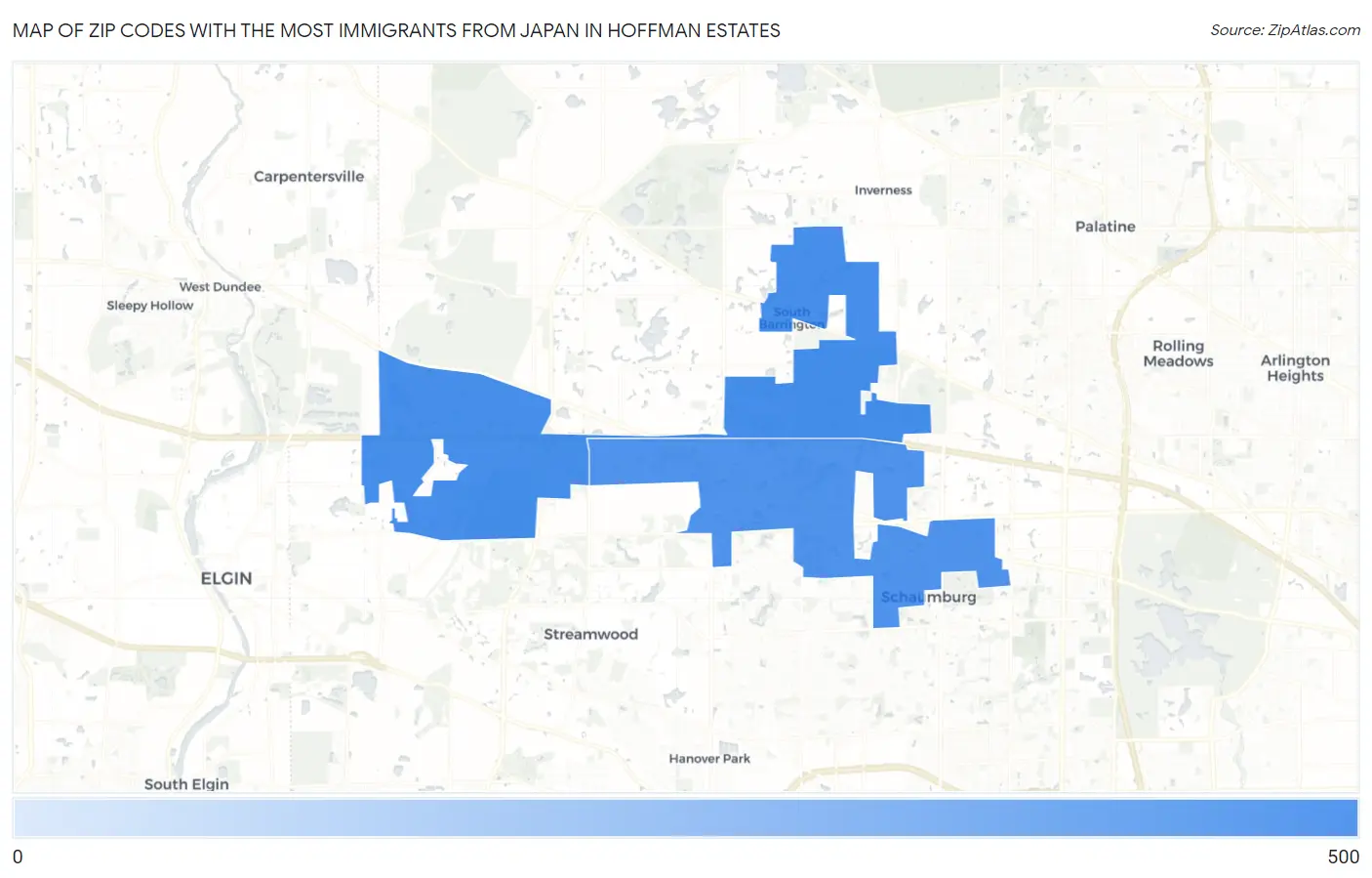 Zip Codes with the Most Immigrants from Japan in Hoffman Estates Map
