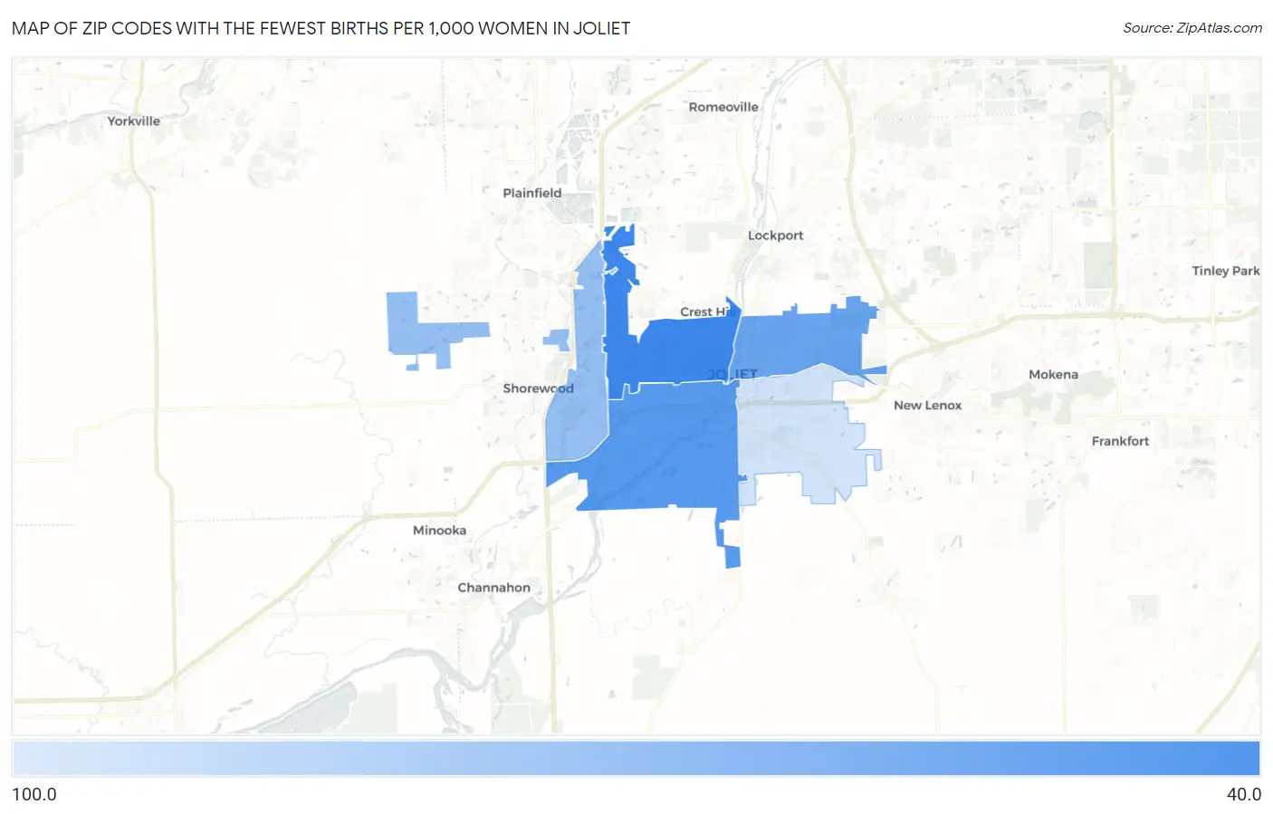 Zip Codes with the Fewest Births per 1,000 Women in Joliet Map