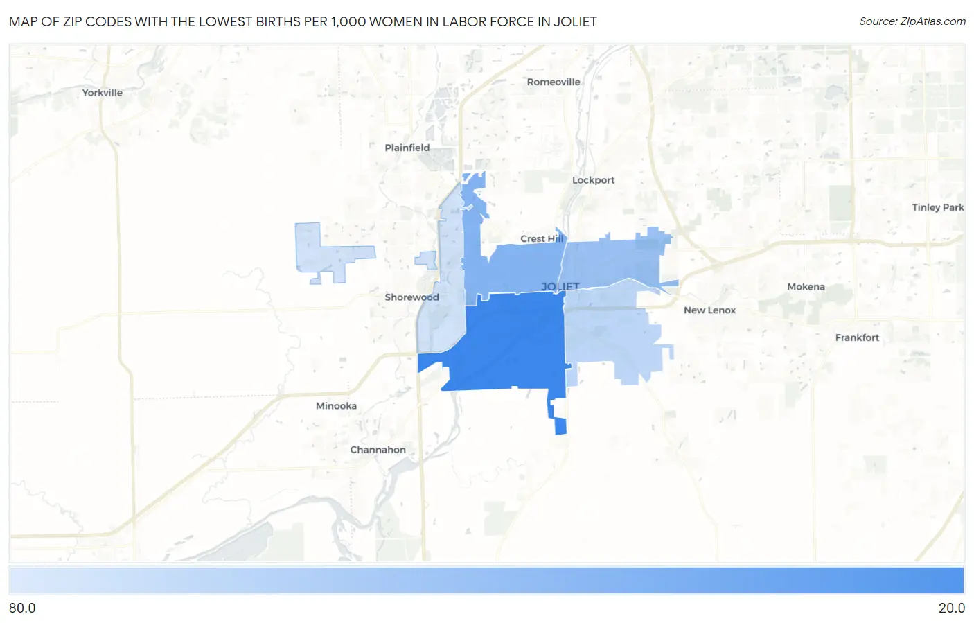 Zip Codes with the Lowest Births per 1,000 Women in Labor Force in Joliet Map