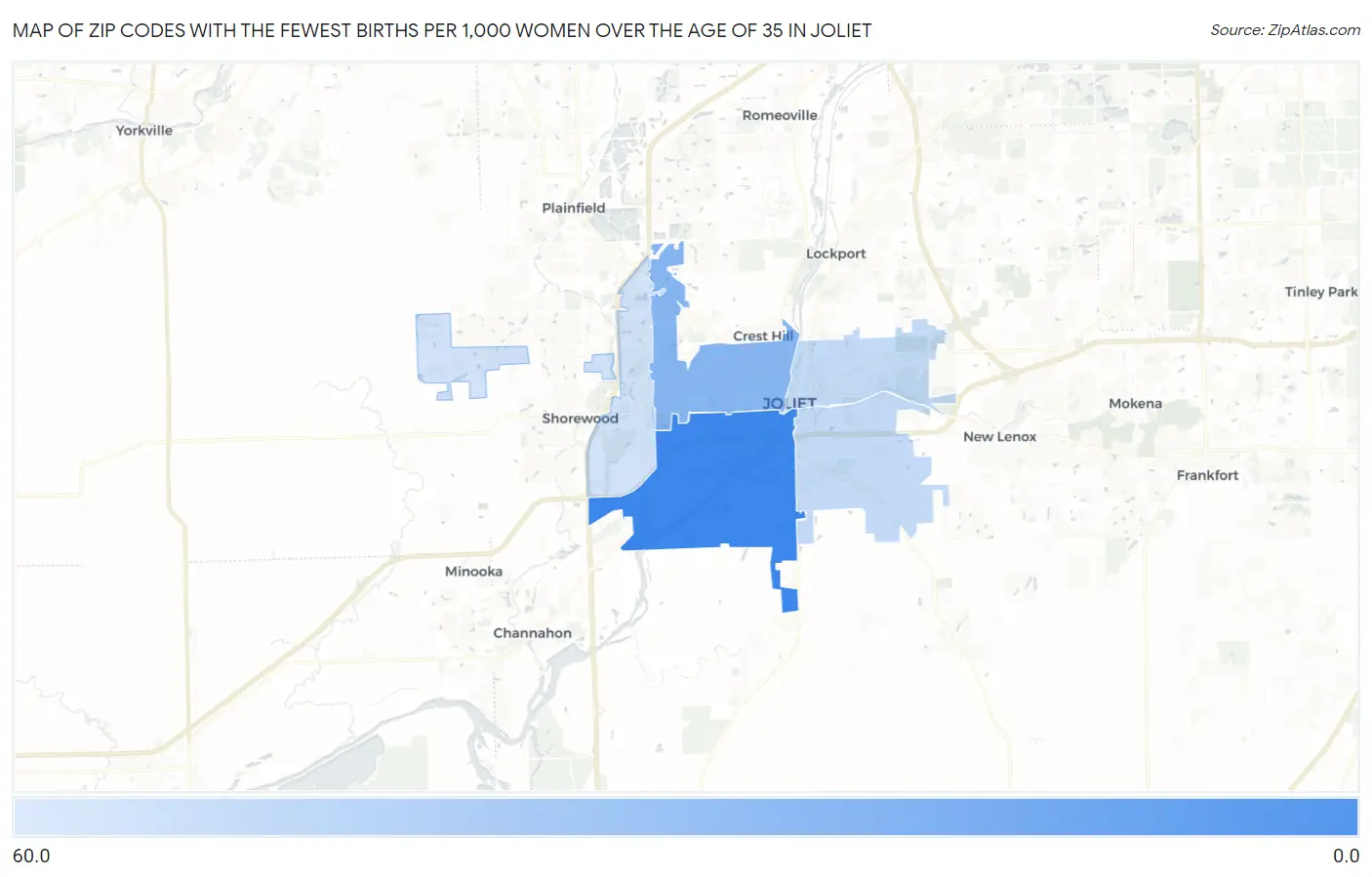 Zip Codes with the Fewest Births per 1,000 Women Over the Age of 35 in Joliet Map