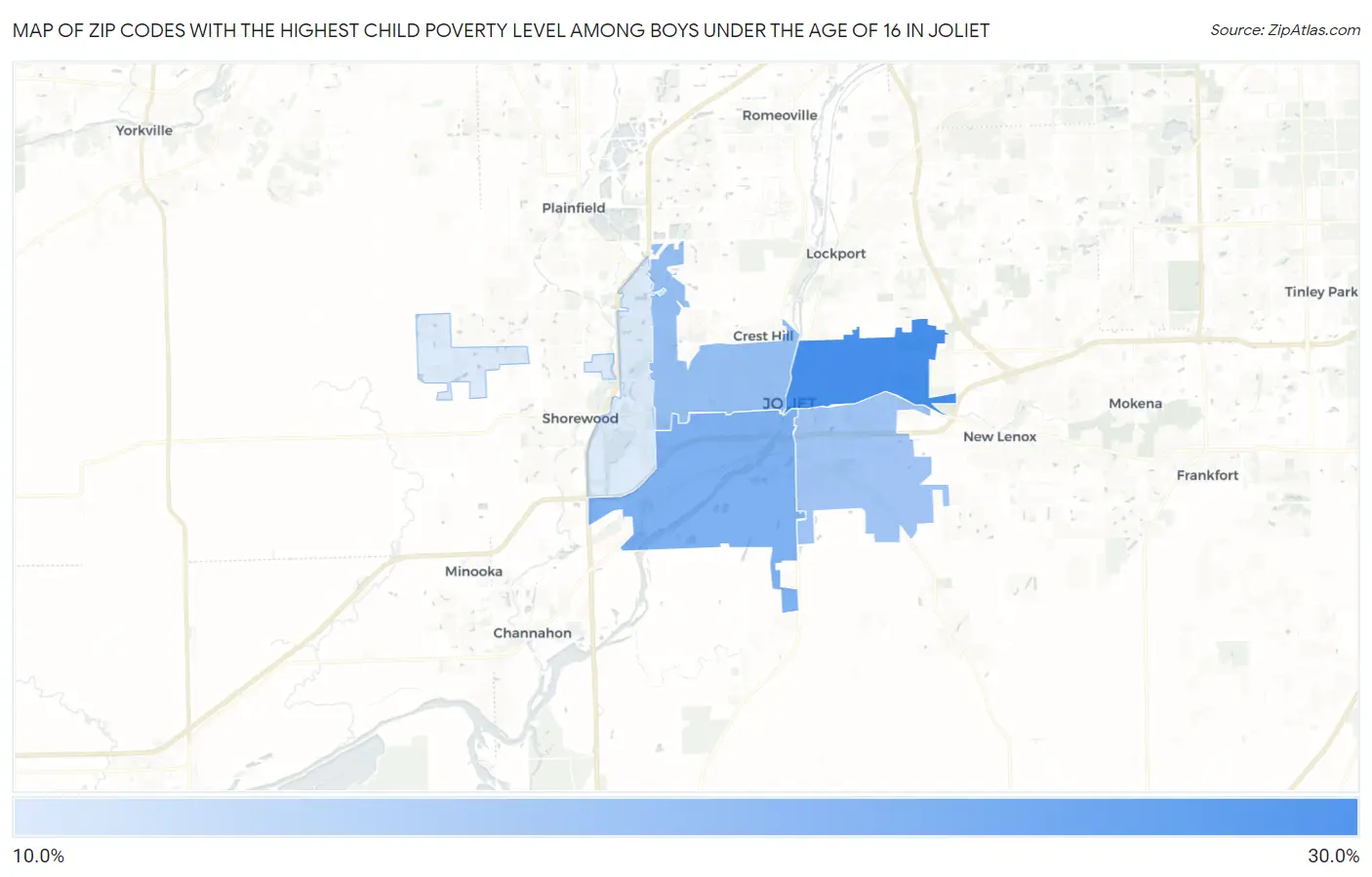 Zip Codes with the Highest Child Poverty Level Among Boys Under the Age of 16 in Joliet Map
