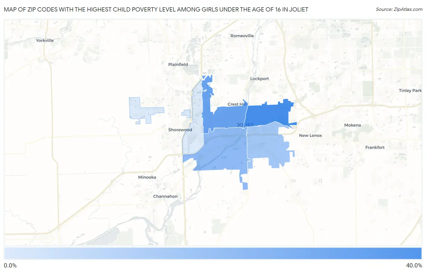 Zip Codes with the Highest Child Poverty Level Among Girls Under the Age of 16 in Joliet Map