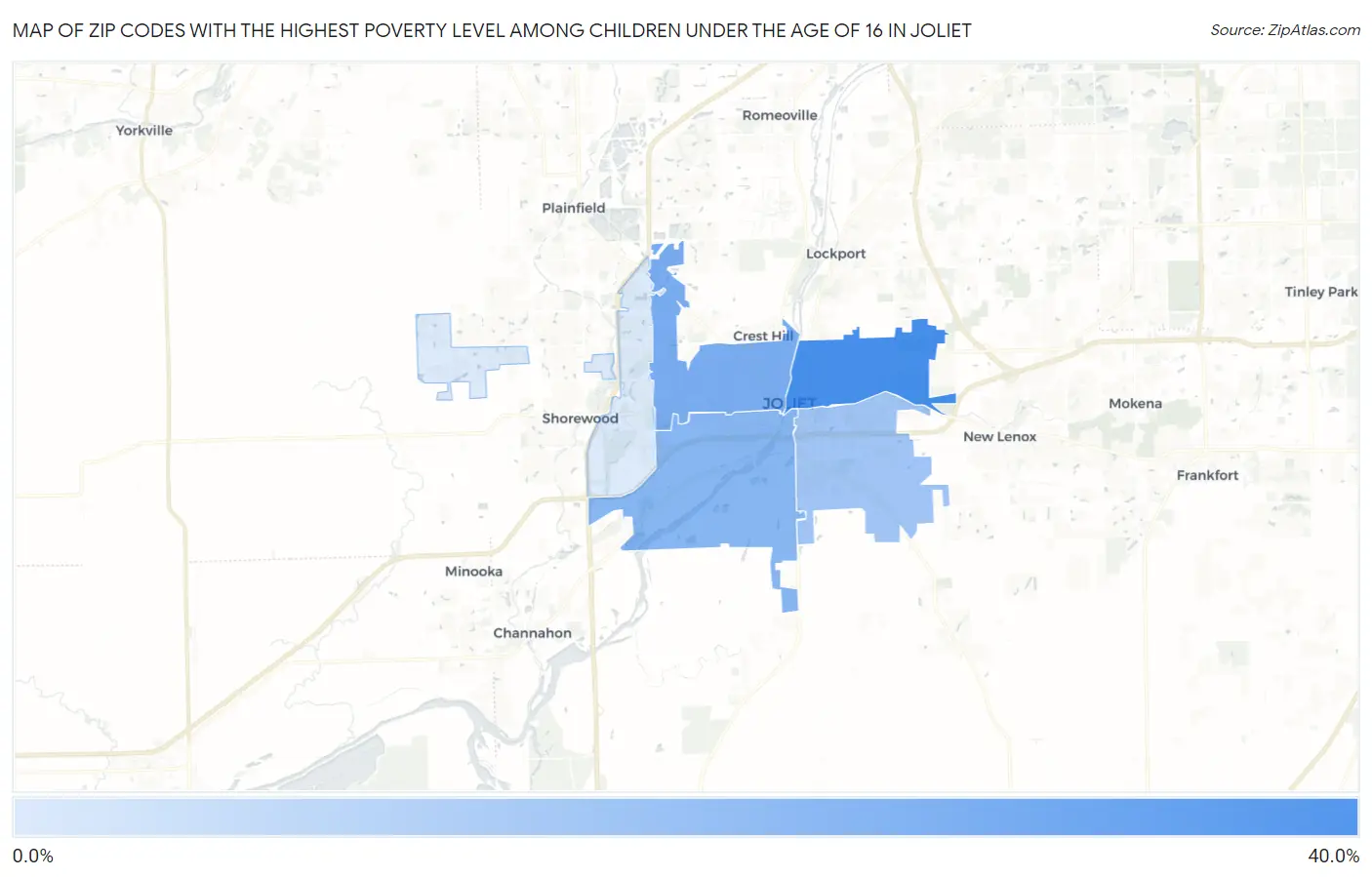Zip Codes with the Highest Poverty Level Among Children Under the Age of 16 in Joliet Map