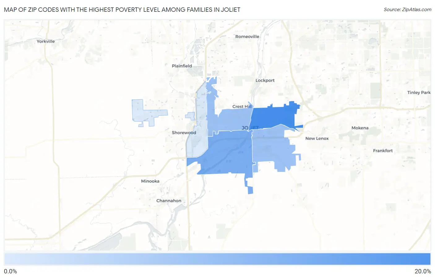 Zip Codes with the Highest Poverty Level Among Families in Joliet Map