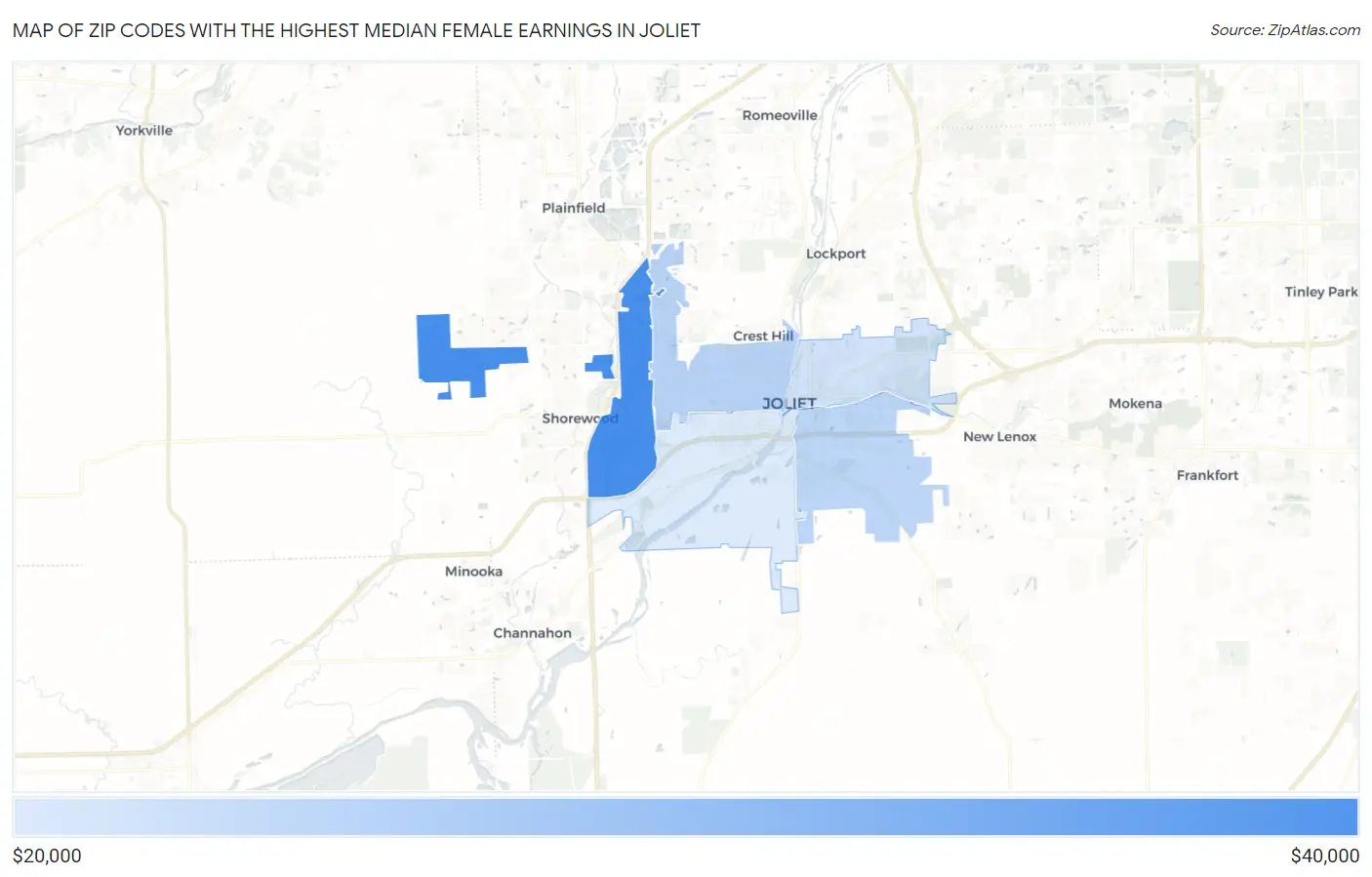 Zip Codes with the Highest Median Female Earnings in Joliet Map