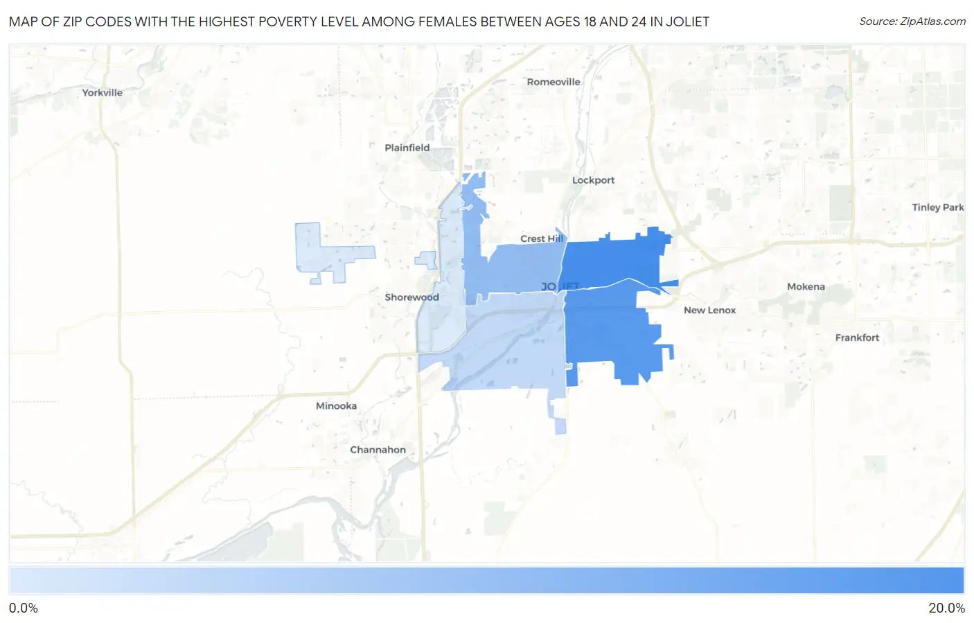 Zip Codes with the Highest Poverty Level Among Females Between Ages 18 and 24 in Joliet Map