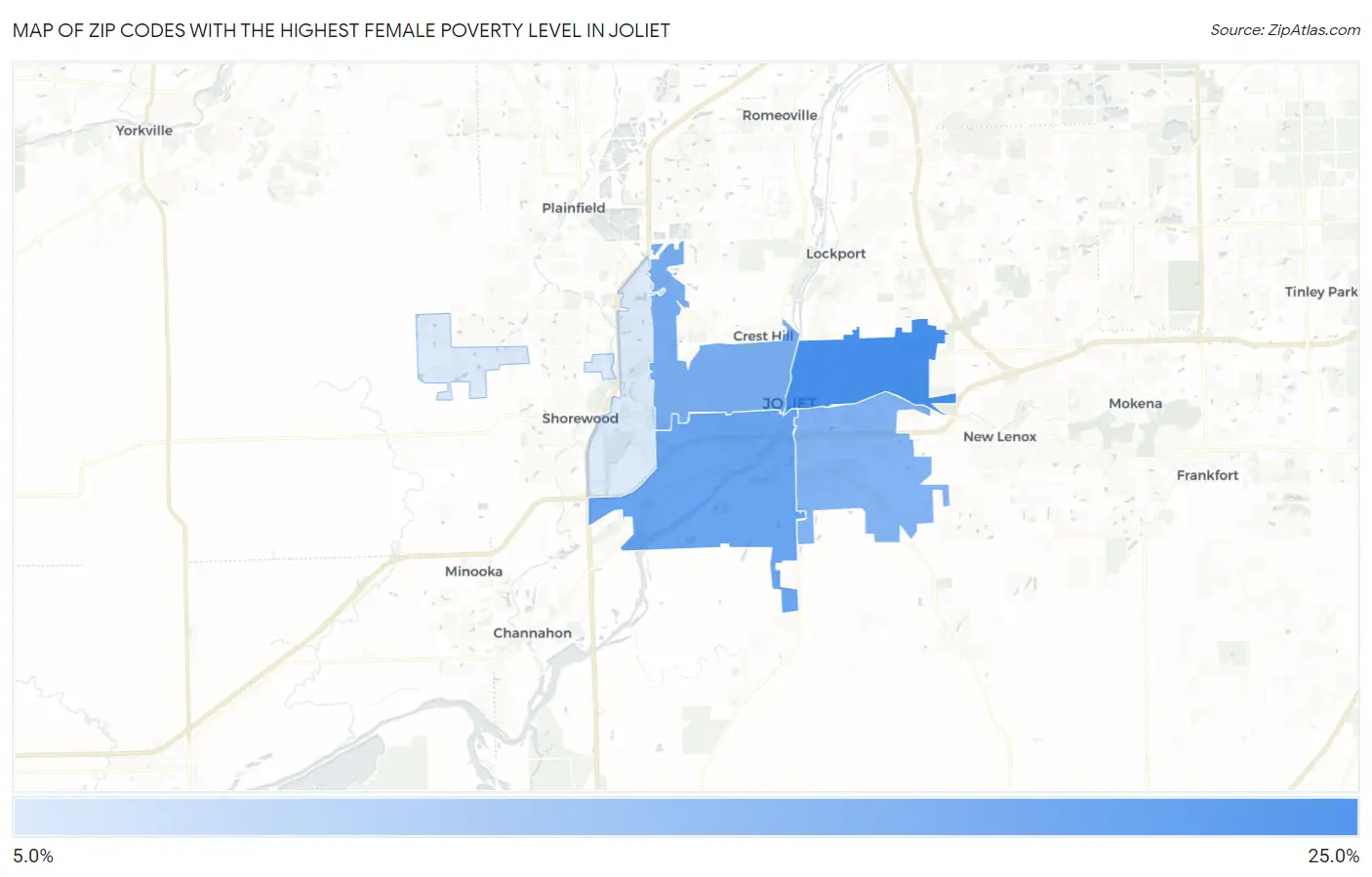 Zip Codes with the Highest Female Poverty Level in Joliet Map