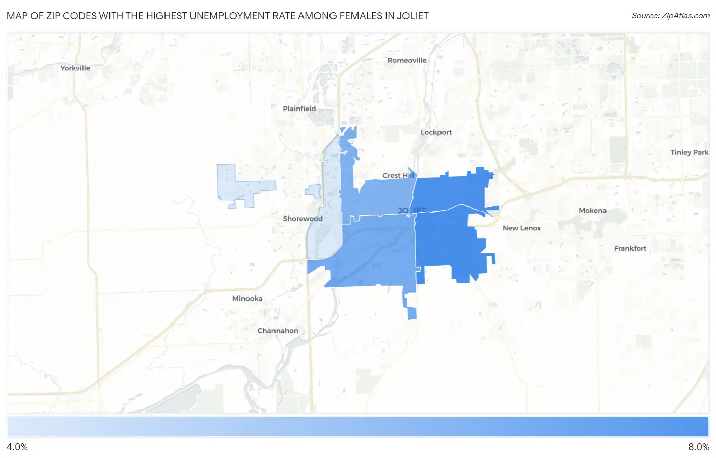 Zip Codes with the Highest Unemployment Rate Among Females in Joliet Map