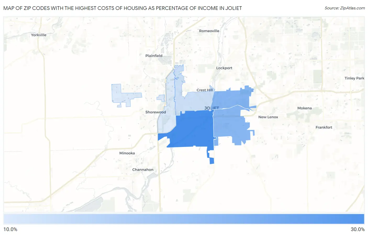 Zip Codes with the Highest Costs of Housing as Percentage of Income in Joliet Map