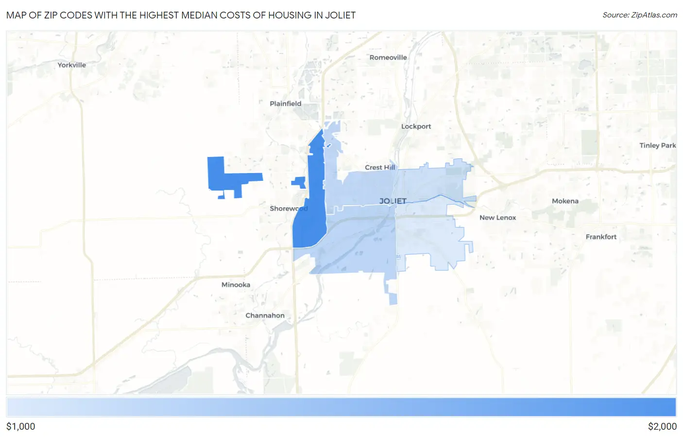Zip Codes with the Highest Median Costs of Housing in Joliet Map