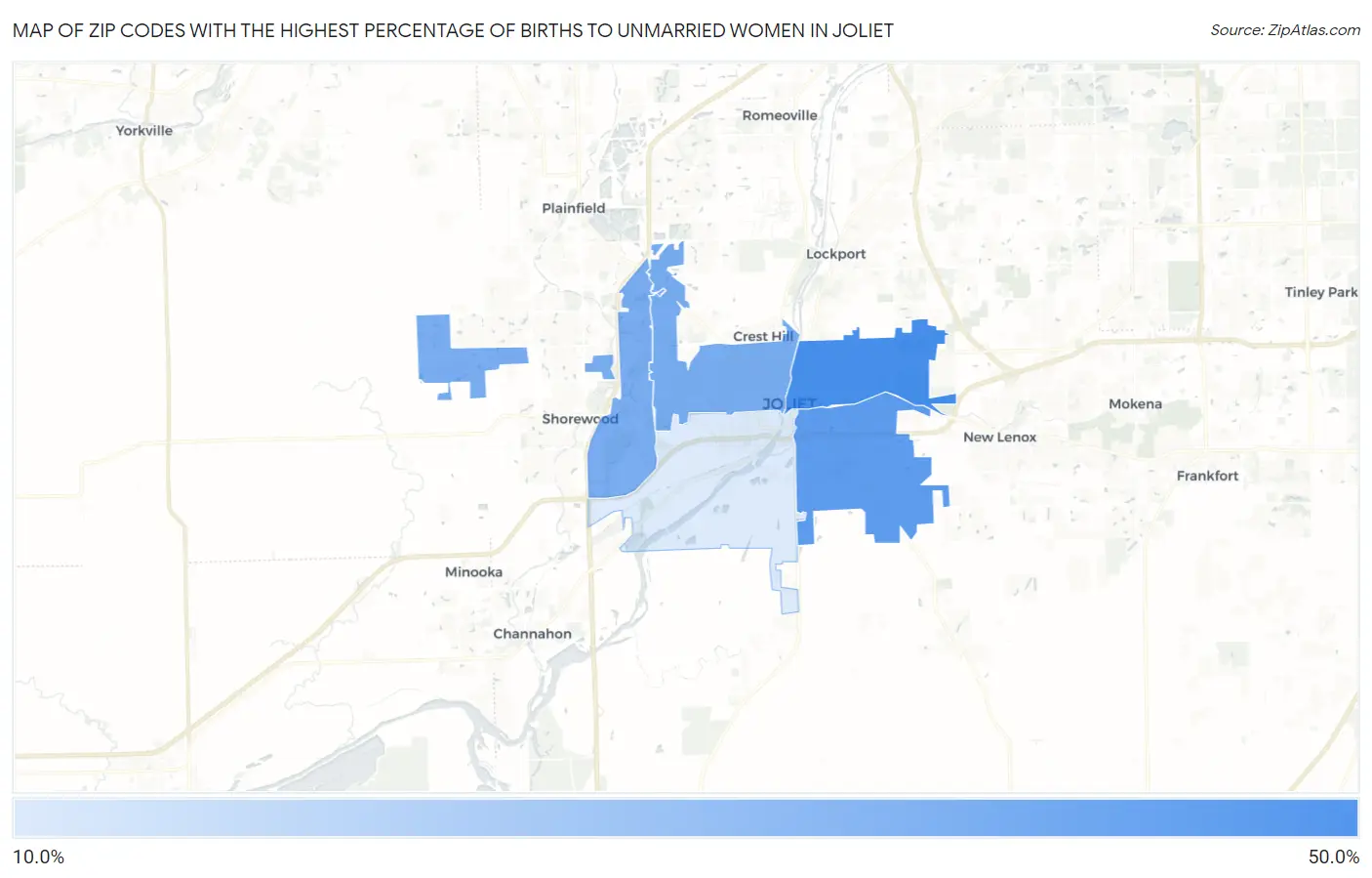 Zip Codes with the Highest Percentage of Births to Unmarried Women in Joliet Map