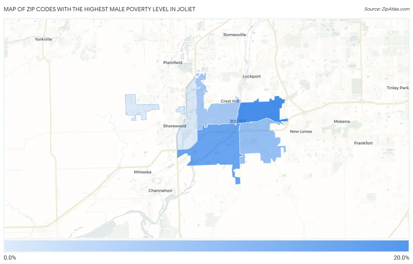 Zip Codes with the Highest Male Poverty Level in Joliet Map