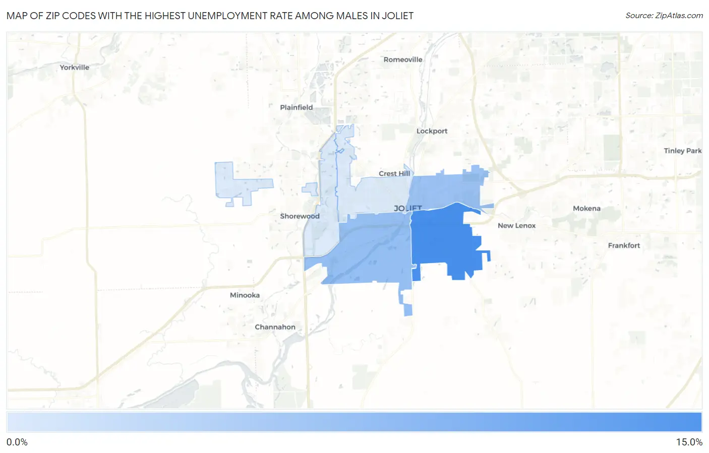Zip Codes with the Highest Unemployment Rate Among Males in Joliet Map