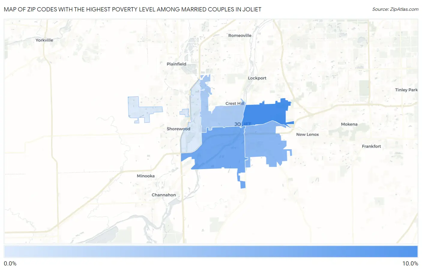 Zip Codes with the Highest Poverty Level Among Married Couples in Joliet Map