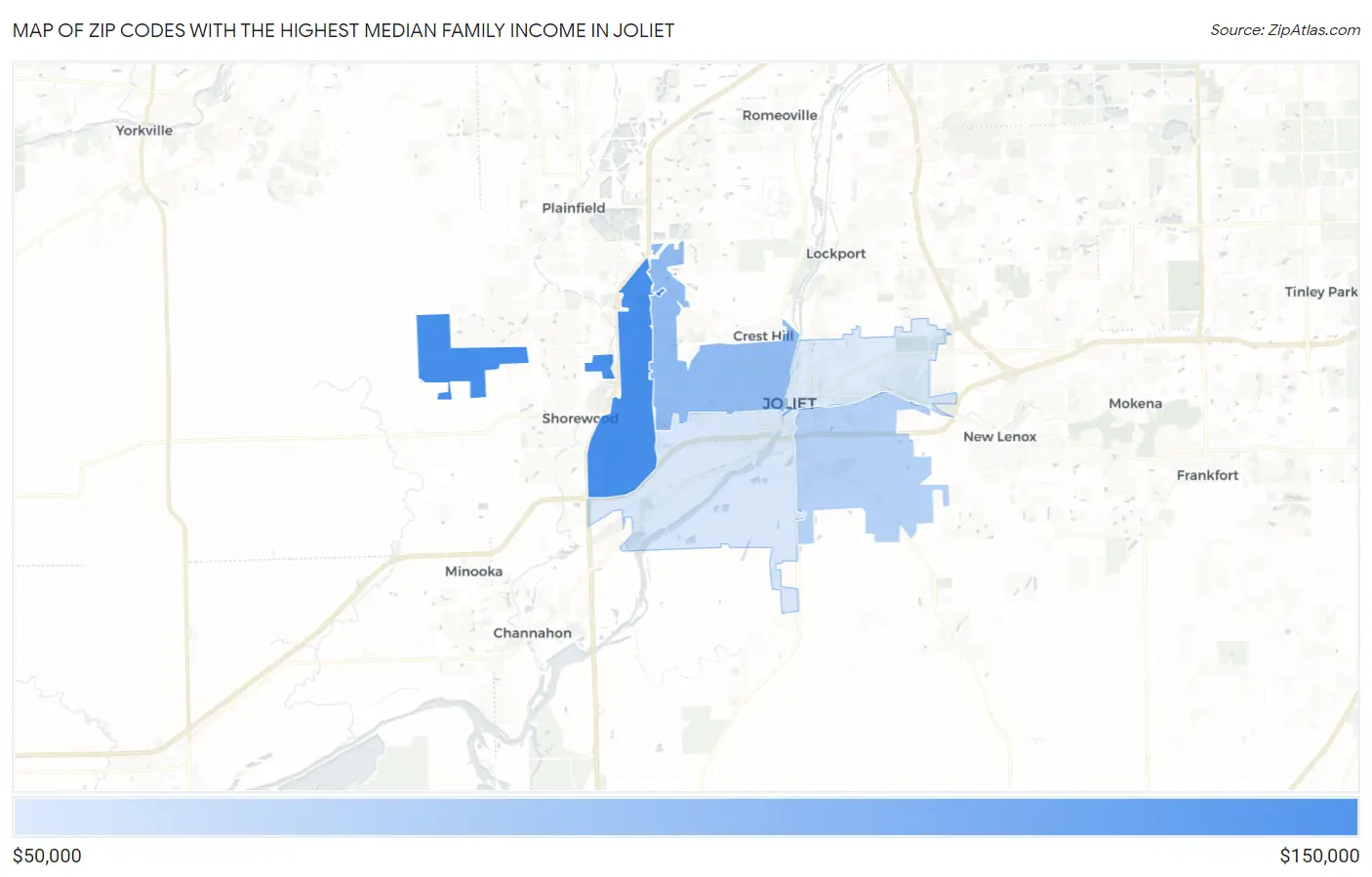 Zip Codes with the Highest Median Family Income in Joliet Map