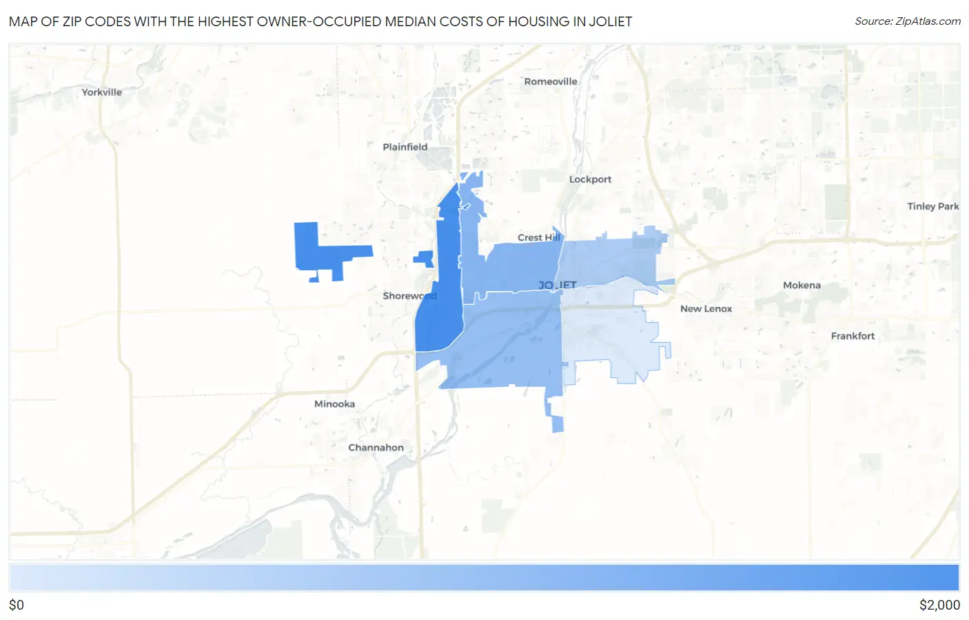 Zip Codes with the Highest Owner-Occupied Median Costs of Housing in Joliet Map