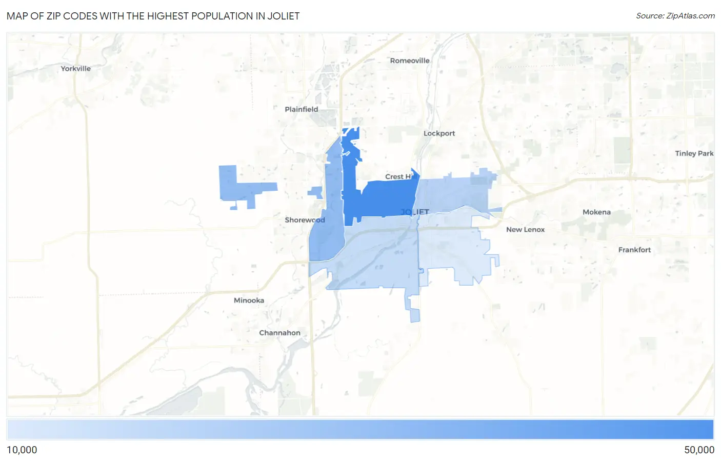 Zip Codes with the Highest Population in Joliet Map